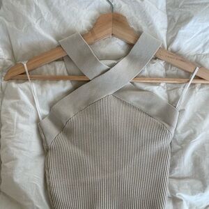 Babaton Beige Ribbed Halter Top